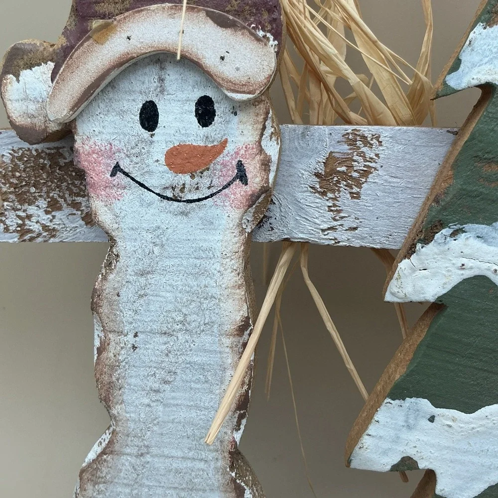 Primitive Country Wooden Winter Snowman & Tree Door Hanger Handmade/Hand Painted
